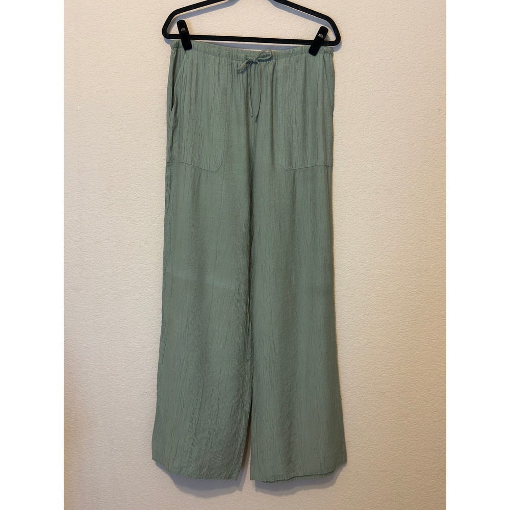 Zara Womens Sage Green Wide Leg Textured Crinkle Pants Elastic Waist Large